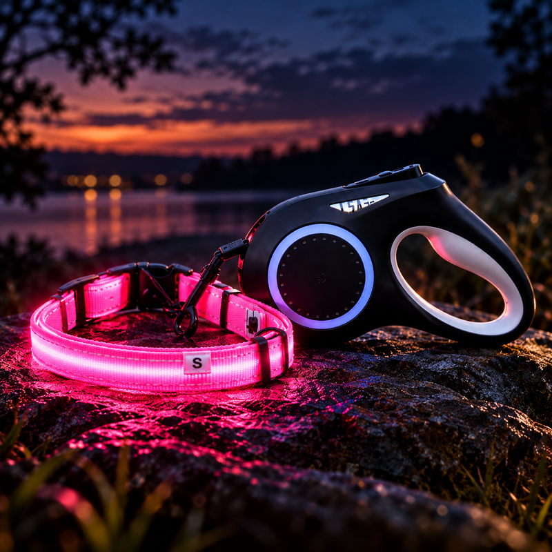 Pack Promenade Lumineuse — Laisse Rétractable + Collier LED